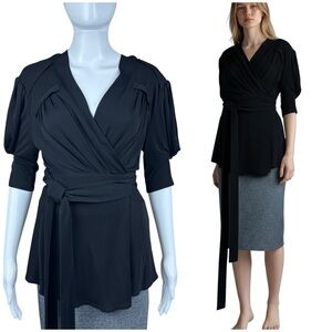 Proenza Schouler Draped Jersey Pleated Wrap Top Size 2 Black Matte Whimsigoth